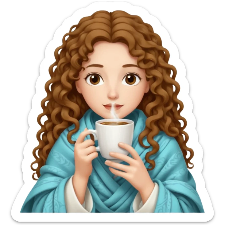 Gözleri kapalı, beyaz tenli ve uzun kıvırcık saçlı bir kadın avatar, battaniyeye sarılmış halde beyaz bir Türk kahvesi fincanından içeceğini huzurla yudumluyor. sticker