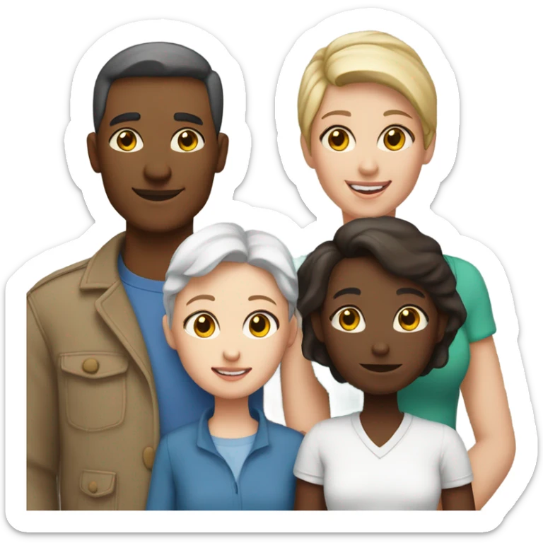 family of 4, white skin dad, brown skin mom, white skin son, white skin daughter sticker