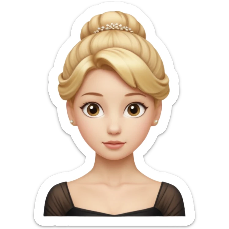 Cinematic Realistic Ballerina Portrait, depicted with lifelike skin texture, subtle rosy undertones, and soft natural lighting that enhances the gentle contours of her face. Her intricately detailed golden blonde hair is elegantly styled in an updo, sticker
