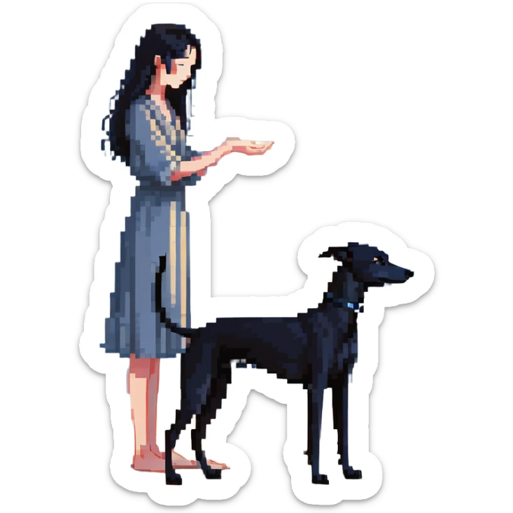 A very beautiful and attractive 25-year-old Japanese woman with long flowing black hair gently petting a SOLID DARK GREY whippet on a beach at night under a starry sky. The woman's hand is lovingly stroking the whippet. The whippet MUST be COMPLETELY SOLID DARK GREY with ABSOLUTELY NO WHITE MARKINGS ANYWHERE - no white chest, no white face, no white paws, no white tip on tail - ENTIRELY ONE SOLID DARK GREY COLOR throughout the entire dog. Deep blue night sky filled with bright stars, moonlight reflecting on the ocean, sandy beach in the foreground. sticker