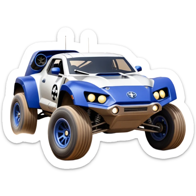 Star Wars storm trooper’s evil darkly night blue Dirty and dented Local Motors Rally Fighter off road race car hot rod meets 2013 Toyota 86 trophy truck-style basher flying down a dusty road (silver wheels) sticker