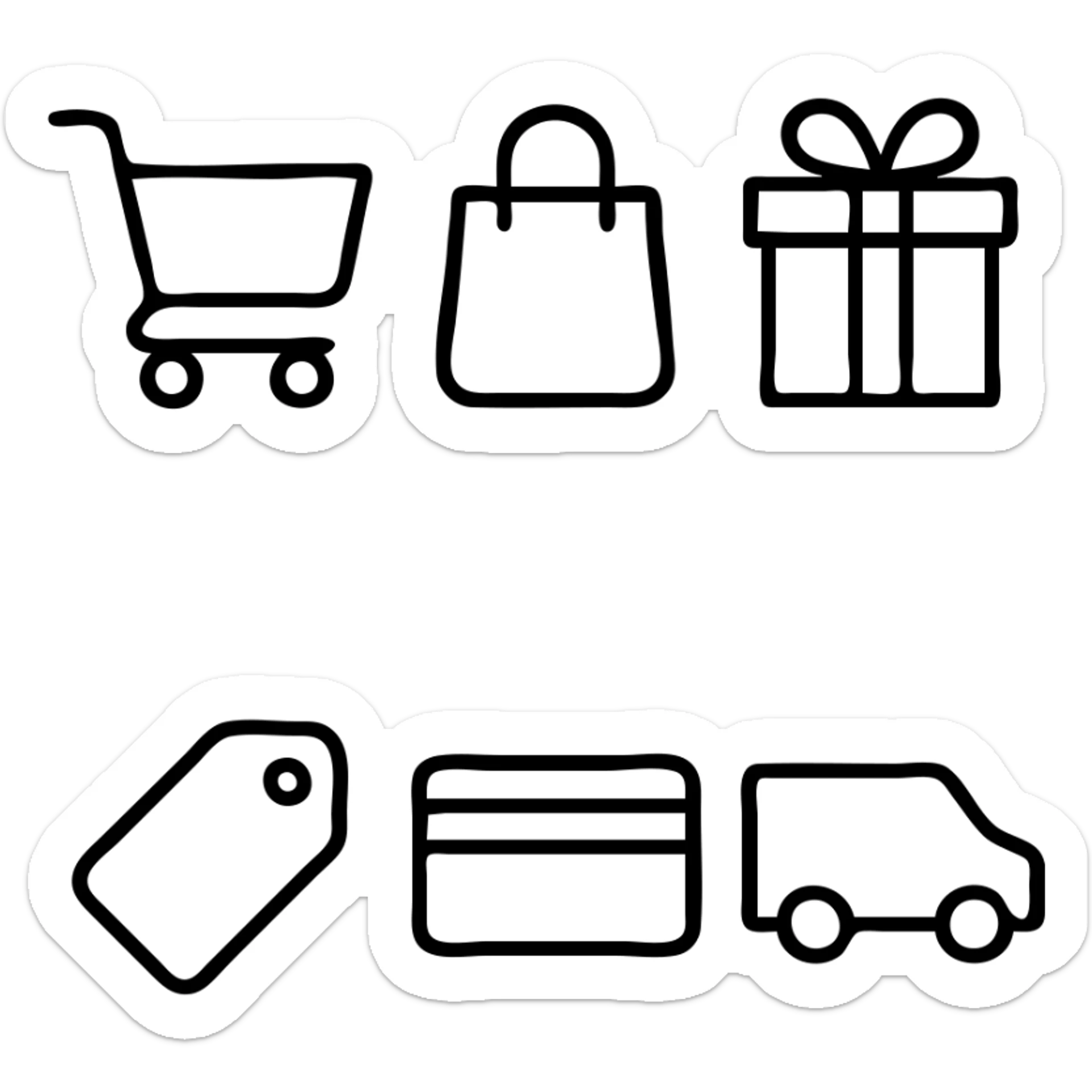 Hand Icons. Shopping cart, shopping bag, gift box, price tag, credit card, delivery van sticker