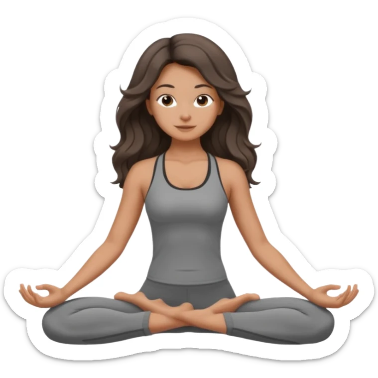 a brunette girl doing yoga, she is wearing a grey fit and she has dark long, wavy and loose hair.  sticker