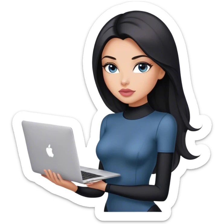 Glamours, tanned, very beautiful girl, with big pump peach-beige-rose lips, black straight smooth silky long hair, straight parting, blue-grey eyes, in short sleeves black bodysuit holding MacBook sticker