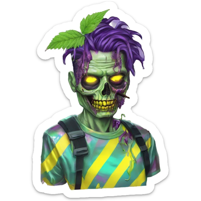420 .Zombie_ Vaporwave black holographic oilslick zombie unicorn smoking yellow caution tape hemp leaves sticker