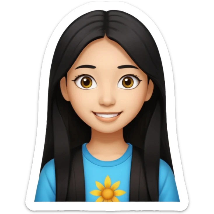 20 yr old asian woman hair trendy clothes center part big eyes big smile tanned skin straight black hair hippie part hair  sticker