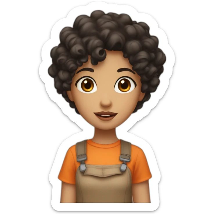 a light skin girl with curly black hair and brown eyes an and a orange shirt pointing at somthing sticker