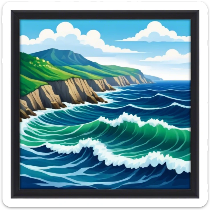 A vast view of the Black Sea with deep blue waves crashing against a rugged, green coastline under a cloudy sky sticker