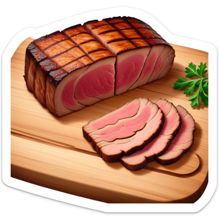 Cinematic smoked brisket, deep mahogany crust, perfectly sliced to reveal juicy marbled meat, warm smoky aroma, served on a wooden board, rich and flavorful, ultra-detailed and appetizing. sticker