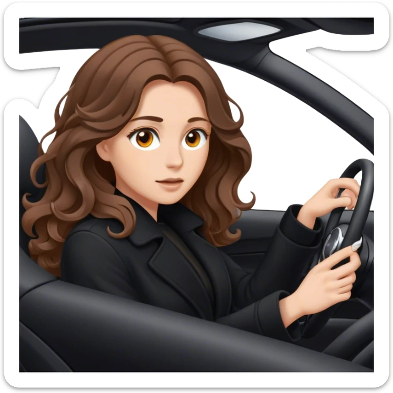 A thin white woman with long wavy brown hair in a black coat with brown eyes while driving a car and wearing silver rings and looks beautiful focused sticker
