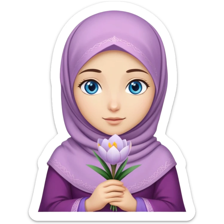 Turkish beautiful finish Konya girl blue eyes with crocus hijab and islamic dress and hold crocus flower on hand  sticker
