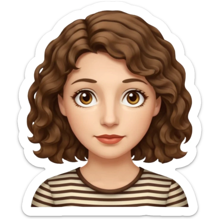 caucasian woman, 40s, chin-length wavy/curly/unruly brown-ish, few white stripes hair, hazel eyes sticker