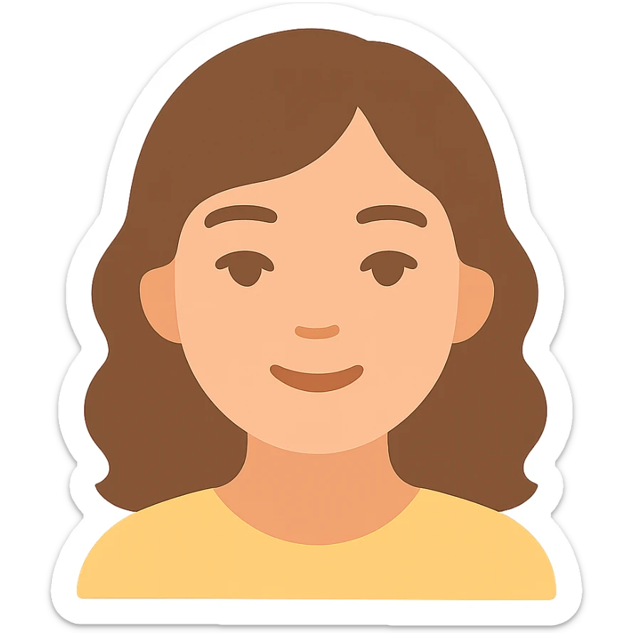 portrait of an Asian girl with medium brown wavy hair and brown eyes, paler skin tone, color icon style sticker