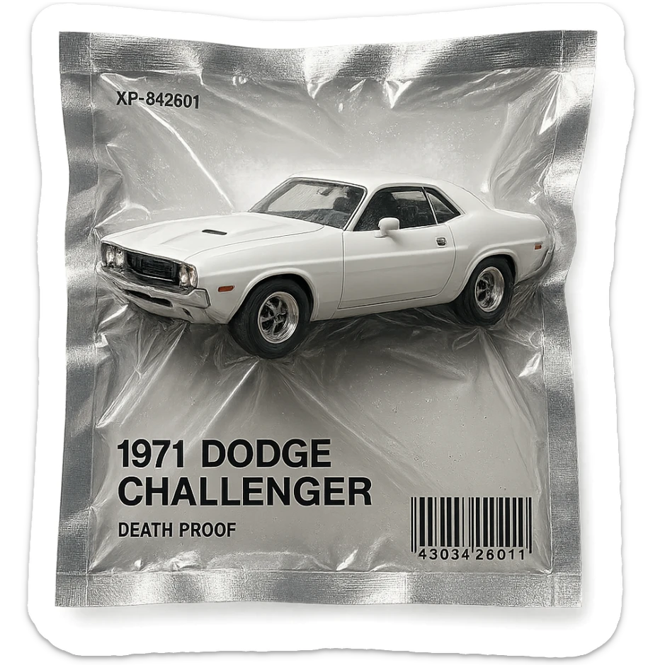 white 1971 Dodge Challenger muscle car, glossy and puffy, inspired by the movie 'Death Proof' sticker
