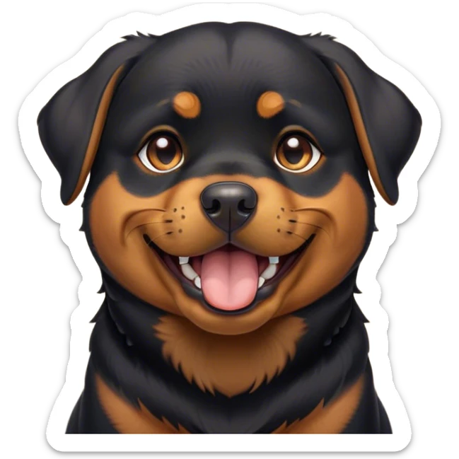 Cinematic Cute Yawning Rottweiler Portrait Emoji, Head tilted slightly with a dramatic, wide-open yawn, showcasing a sleek black coat with prominent tan markings, floppy ears slightly drooping, round brown eyes barely open in drowsy contentment, Simplified yet irresistibly adorable features, highly detailed, glowing with a soft, cozy glow, high shine, relaxed yet expressive, stylized with a touch of whimsy, bright and endearing, soft glowing outline, capturing the essence of a sleepy yet affectionate guardian, so drowsy it feels like it could stretch out of the screen and curl up for a nap! sticker