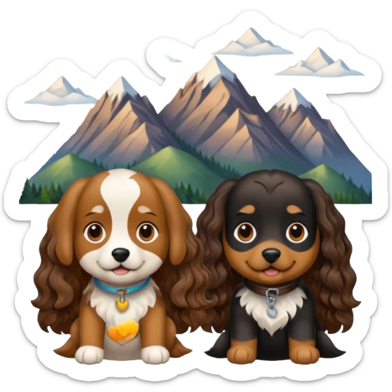two dogs with wavy hair, one black and brown, one shades of brown with mountains sticker