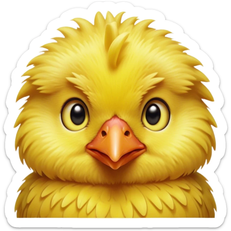 Cinematic Cute Yellow Baby Chicken Portrait Emoji, Head tilted playfully and inquisitively, featuring a fluffy, vibrant yellow downy coat with a tiny red comb, round, sparkling beady eyes filled with curiosity, Simplified yet irresistibly adorable features, highly detailed, glowing with a warm, friendly glow, high shine, affectionate and lively, stylized with a touch of playful whimsy, bright and endearing, soft glowing outline, capturing the essence of a mischievous yet loving chick, so playful it feels like it could peep out of the screen and into your arms! sticker