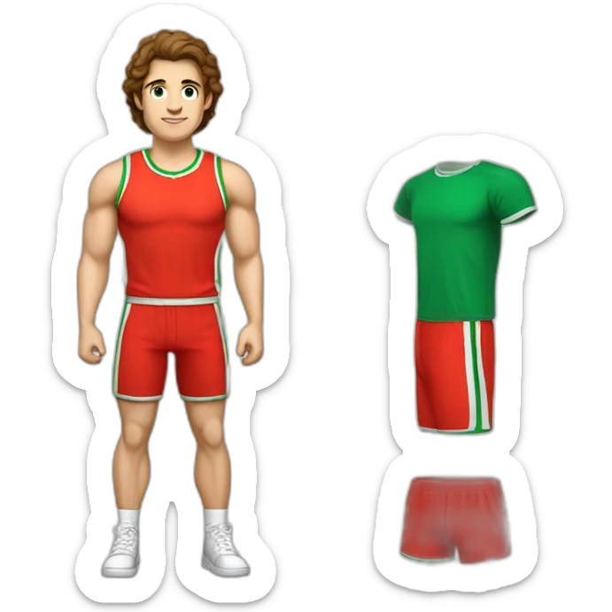 retro 70s red and green gym clothes for a modern white brunette uni male student with glass sticker