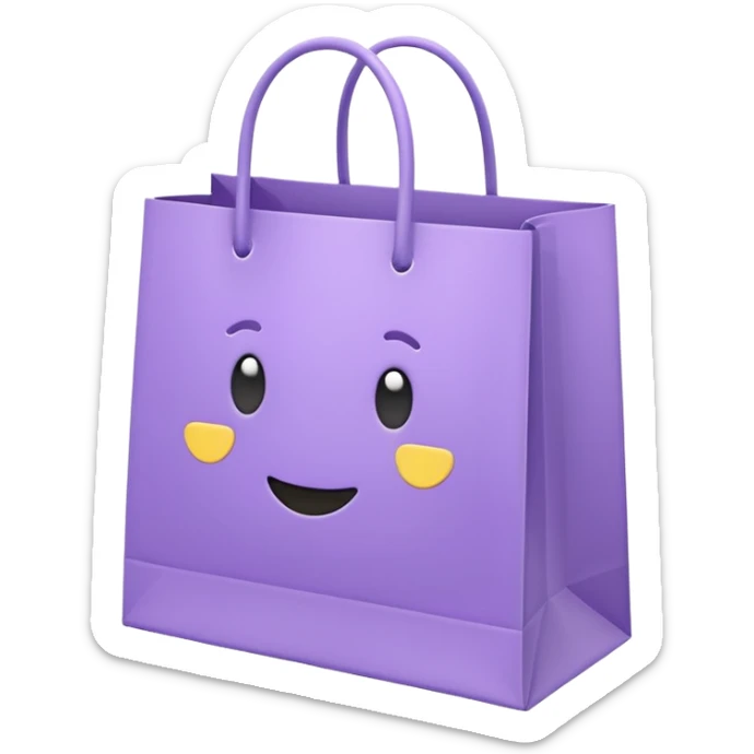 A cute emoji-style illustration of a purple paper shopping bag, pastel purple color, rounded shape, simple clean lines, kawaii style, soft shading, minimal details, centered composition, transparent background sticker