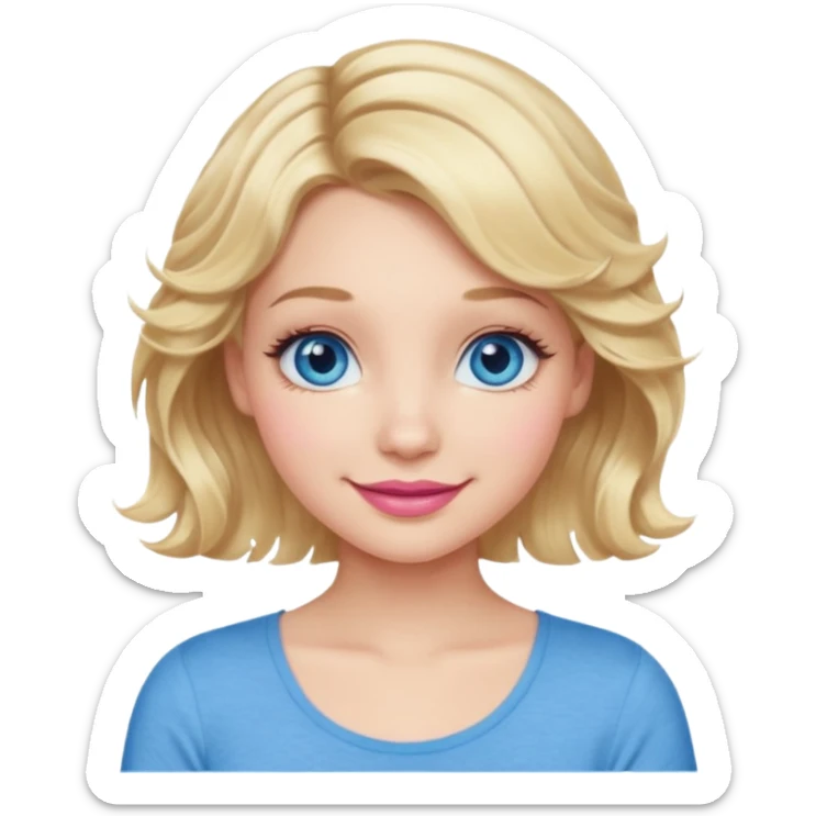 Girl Blonde short wavy hair,  blue eyes, cute blue top, long lashes, pink lips, smiling, 💁🏻‍♀️  sticker