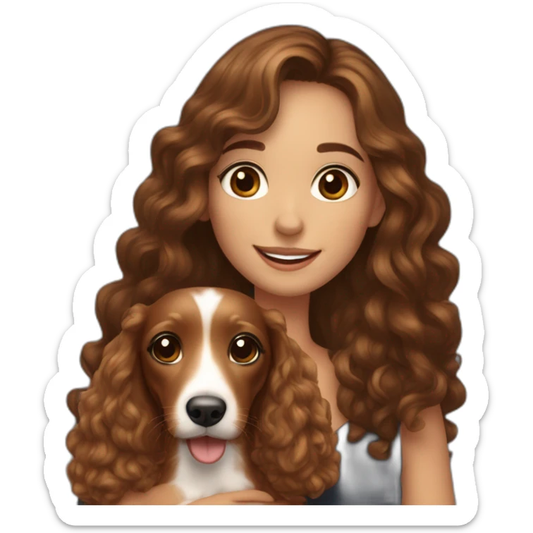Young lady long curly brown hair smiling and brown eyes with long eyelashes and holding a dachshund  in her arms sticker