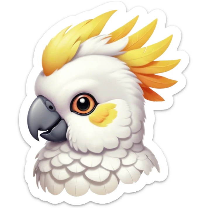 Cinematic Cute Cockatoo Portrait Emoji, Head tilted playfully and inquisitively, featuring a charming, fluffy form with a vividly colored crest, round, sparkling eyes full of playful wonder, and a soft, curved beak, Simplified yet irresistibly adorable features, highly detailed, glowing with a warm, inviting tropical glow, high shine, affectionate and lively, stylized with a touch of whimsical avian charm, soft glowing outline, capturing the essence of a mischievous yet loving cockatoo that seems as if it could flutter out of the screen into your arms! sticker