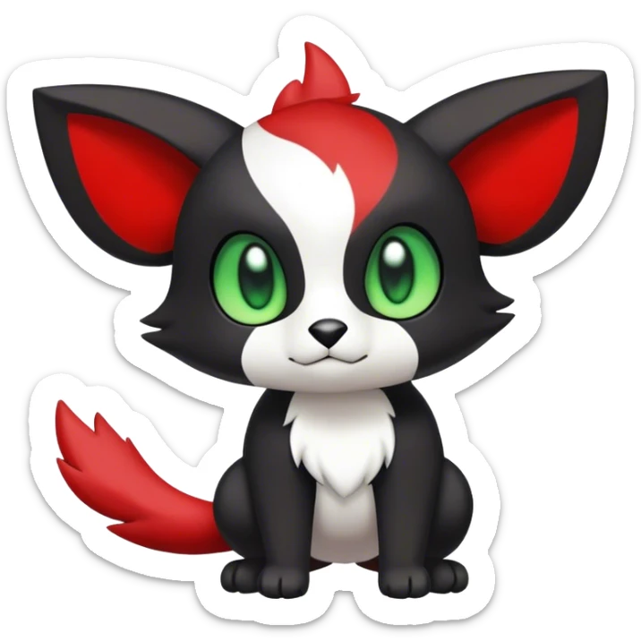 Cute cool black red animal hybrid Fakemon full body, green eyes, white belly, white muzzle sticker