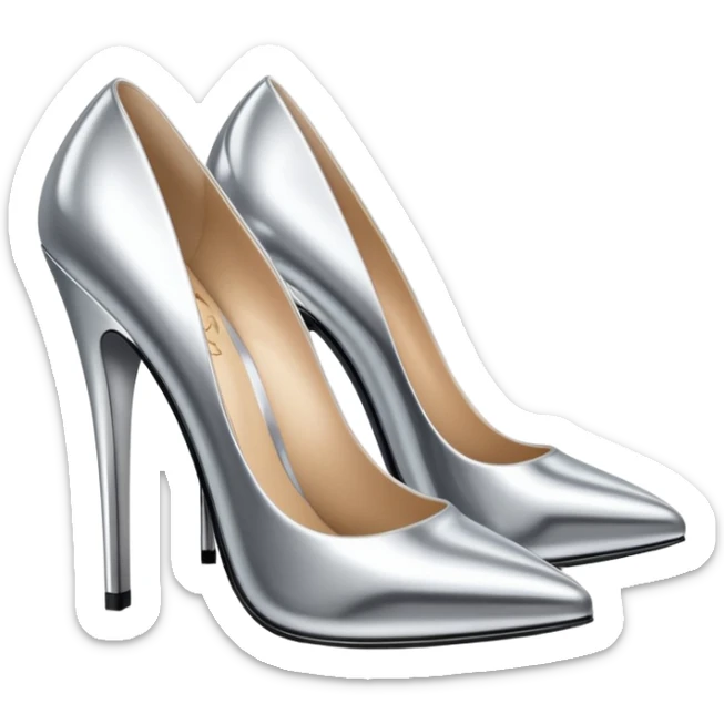 A pair of high heel shoes emoji made of polished silver chrome, elegant sharp silhouette, smooth metallic surface, glossy reflections, luxury sexy vibe, minimalistic iOS emoji style, centered, clean white background sticker