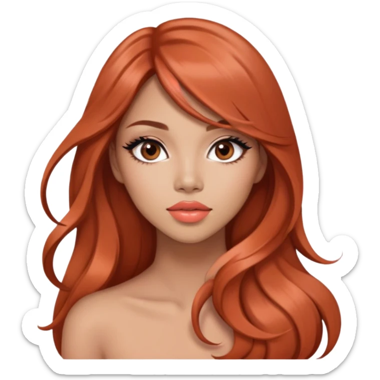 gorgeous woman, light tan skin, very long auburn hair, side bangs, black eyes, peach coral lipstick, model, latina, asian, mixed sticker
