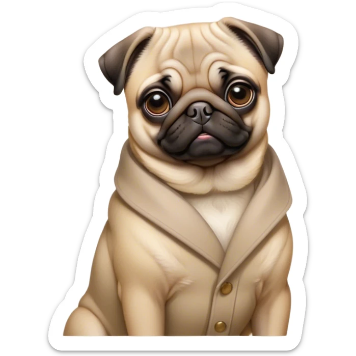 Cinematic Noble Fawn Pug Portrait Emoji, Poised and regal, with a compact, sturdy build and a sleek, well-groomed fawn coat, deep-set soulful dark eyes, Simplified yet sharp and sophisticated features, highly detailed, glowing with a soft, dignified glow, high shine, intelligent and spirited, stylized with an air of confidence, focused and attentive, soft glowing outline, capturing the essence of a watchful and commanding companion, so majestic it feels as though it could prance out of the screen with effortless authority! sticker