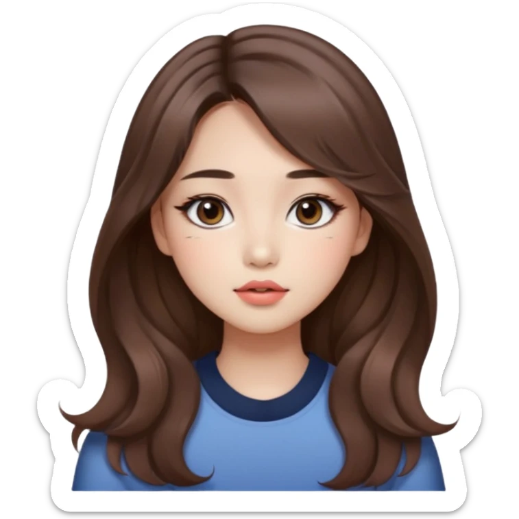 “korean straight brown hair Emoji girl, soft eyeliner and blush, gradient lips, light brown shimmer eyeshadow, long wavy hair,  sticker