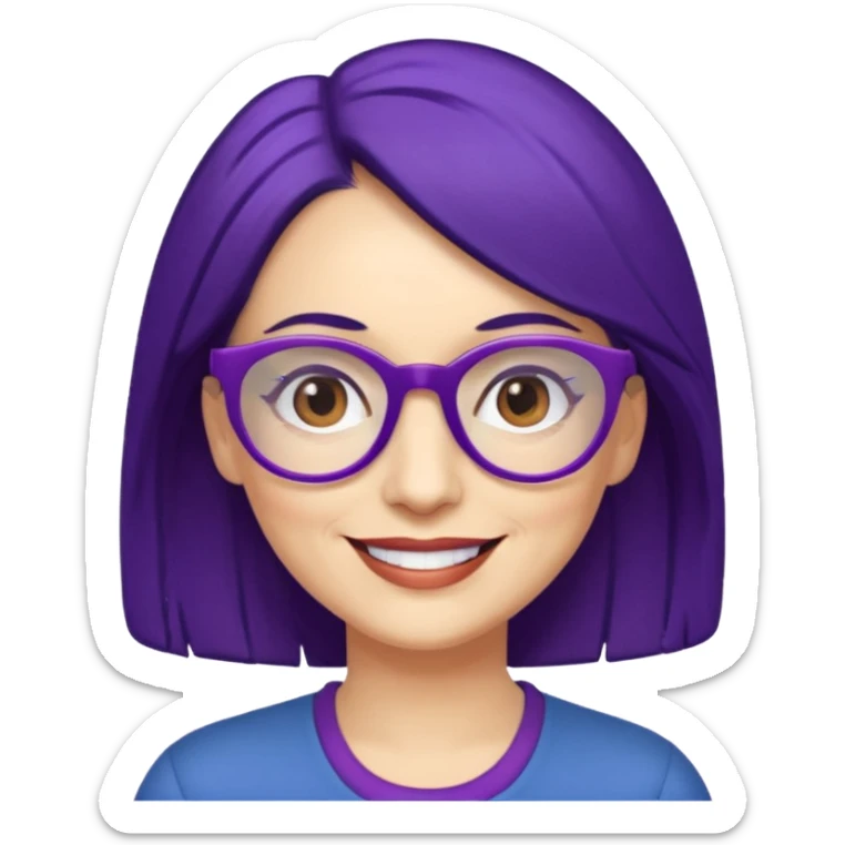 Cartoon 50-year-old youthful woman with purple glasses, brown eyes, and dark blue (not purple) hair to her shoulders. sticker