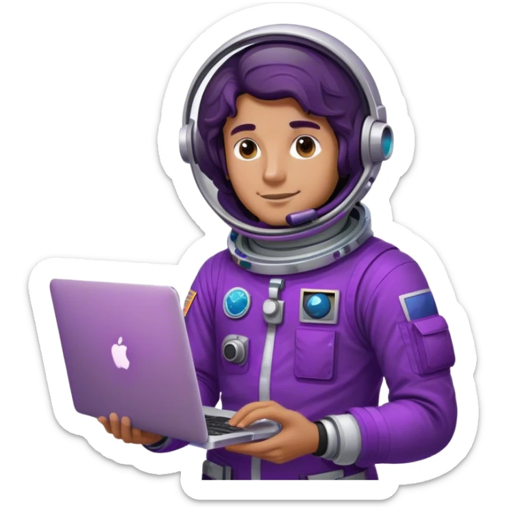 guy astronaut with purple suit, long ombre black/brown wavy hair and one macbook sticker