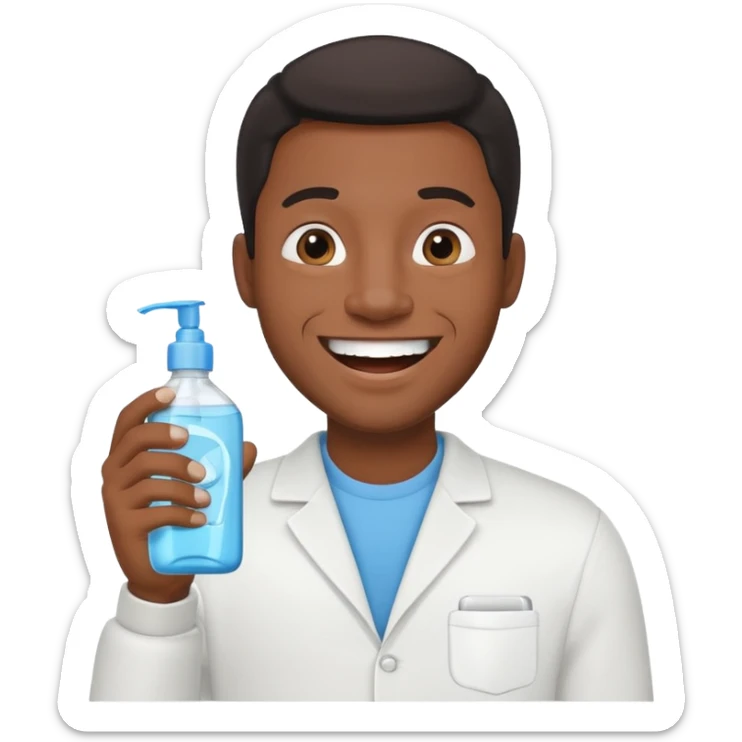 Emoji of a cheerful Black man holding mouthwash, big smile, simple design sticker