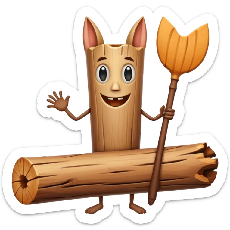 The character is an anthropomorphic wooden log with a cartoonish face, human arms and legs, and a long wooden bat, giving it a surreal, humorous appearance. sticker