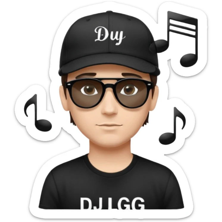 Emoji of a white man with short dark brown hair under a black baseball cap, wearing a black t‑shirt and 1980s‑style black Ray‑Ban rectangle sunglasses black lenses, with black musical notes floating around his head,  word "DJ DLG" written on the hat sticker