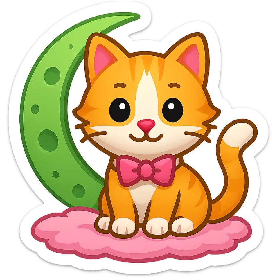 Change the moon to green, keep the cat with pink bow, in emoji style with no background. sticker