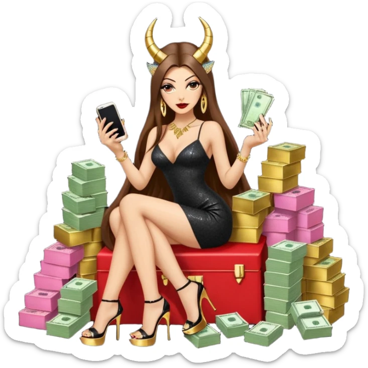 Sensual seductress long brown straight haired sexy drug lord woman with  glitter platform high heels on her feet,  and devil black horns on her head, holding a stack of cash, has a phone in other hand. Sitting on gold cases full of drugs, long black dress with sexy slit sticker