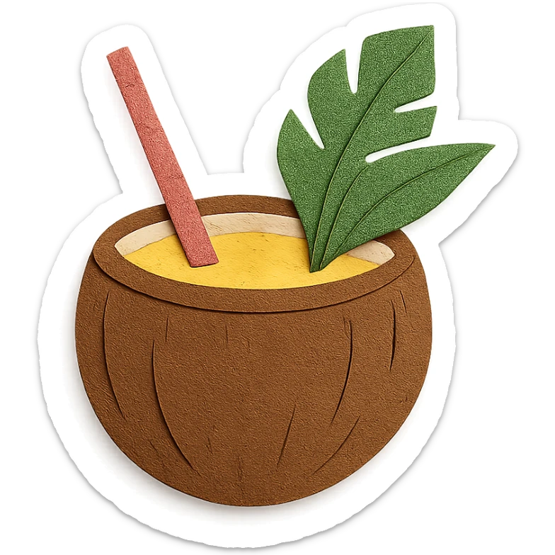 pina colada in a coconut shell with a straw and tropical leaves in paper-craft style sticker