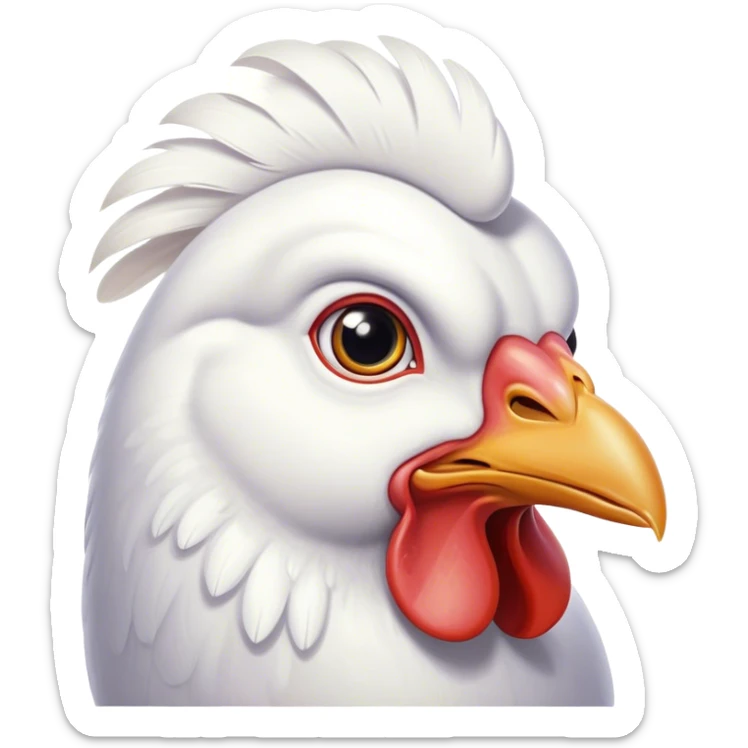 Cinematic Noble White Chicken Portrait Emoji, Poised and regal, with a compact, sturdy build and a pristine, well-groomed pure white plumage, deep-set soulful beady eyes, Simplified yet sharp and sophisticated features, highly detailed, glowing with a soft, dignified glow, high shine, intelligent and alert, stylized with an air of barnyard elegance, focused and attentive, soft glowing outline, capturing the essence of a watchful and confident fowl, so majestic it feels as though it could strut out of the screen with effortless authority! sticker