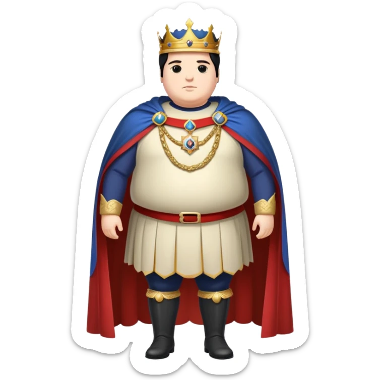 Full body of tall, chubby Francisco I with black hair, royal king standing in royal attire with crown and cape, elongated figure sticker