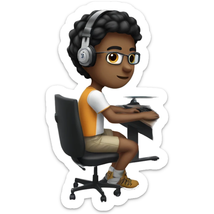 white boy with dark hair and lasses wearing gaming headset and sitting at desk on desktop computer   sticker