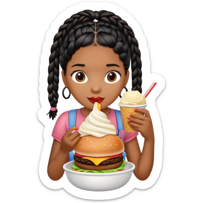 Girl brown girl with black braids eating a burger with a bowl of ice cream sticker