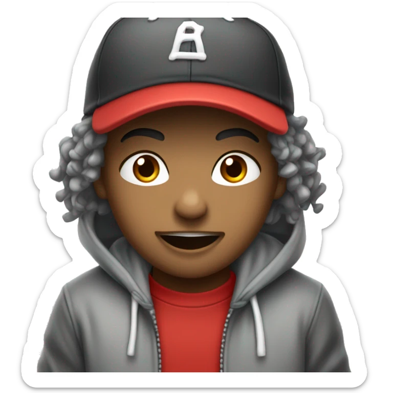 gray hoodie black baseball cap red sweatpants white shoes open mouth boy sticker