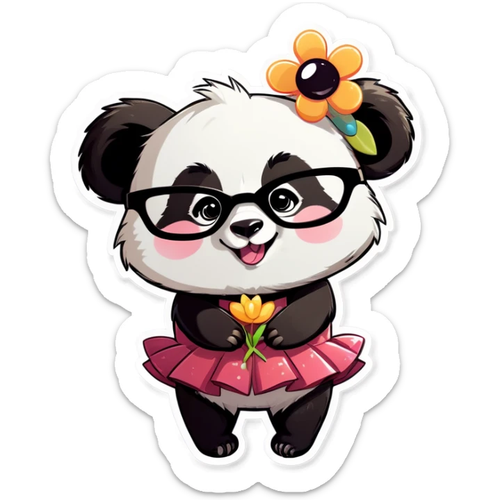 Cute female Panda wearing a tutu and glasses with a flower above 1 ear hugging a male raccoon  sticker