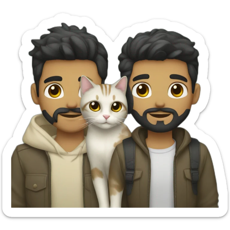 Gay male couple Latino Black hair and beard male and Australian blonde hair male , with a cat in the middle sticker