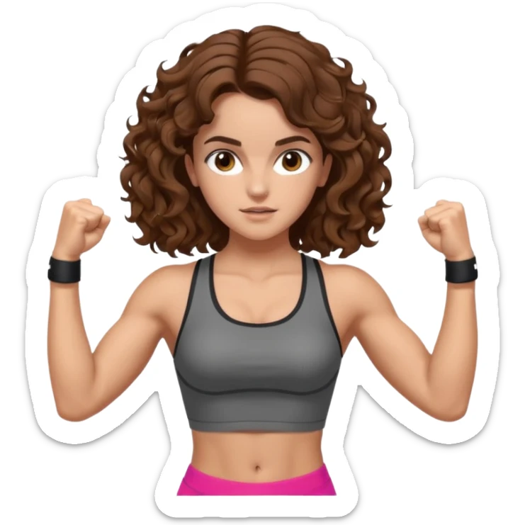 full body, very beautiful italian girl, looking like Emma Watson, with curly and big volume very bright brown hair, workout clothes, flexing muscles

 sticker