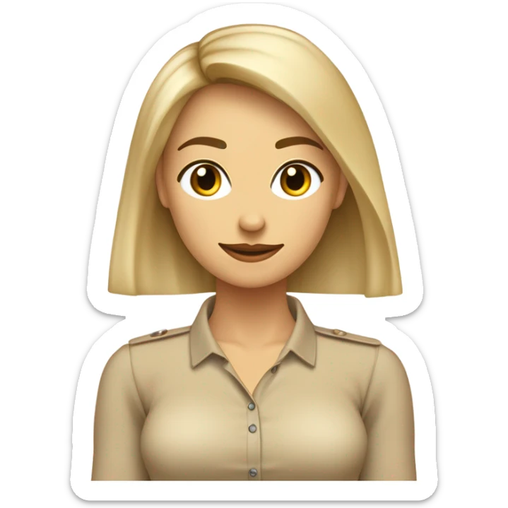 Mujer con cabello rubio lacio, hasta el hombro, con flequillo de lado, frente amplia y aros de argolla, ojos café. Camisa color beige con cuello tortuga sticker