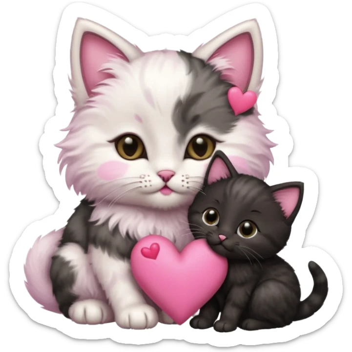 Kitten kissing black mommy kitten on the cheek with a pink heart symbol sticker