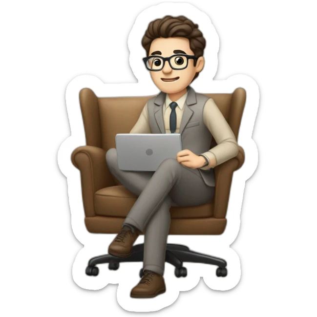 Pale skinned Fit Man With dark brown hair in gray jacket, beige office shirt, Brown pants and vintage glasses sitting In a soft chair with a notebook on spring with emblem Ψ and a pen sticker